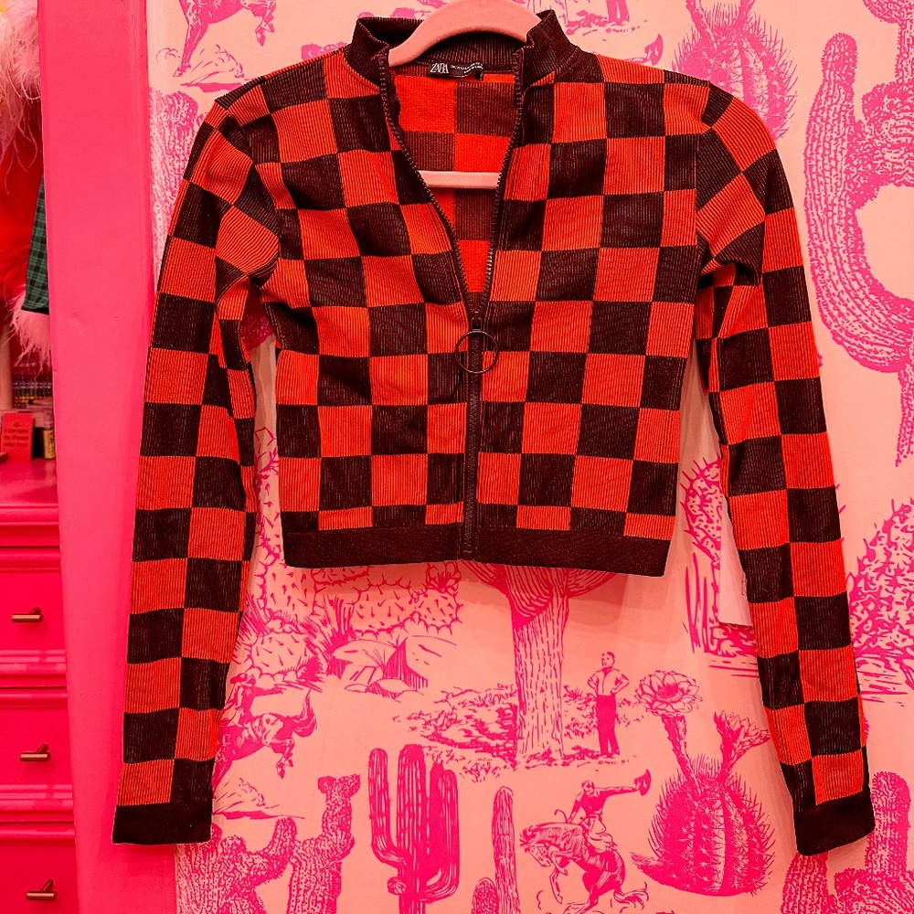 ZARA Check Cropped Knit Jacket in Orange and Black